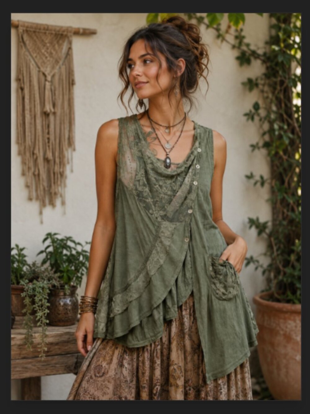 Boho Lagenlook Green Lace Top Sleeveless Embroidery Asymmetrical One Size Large